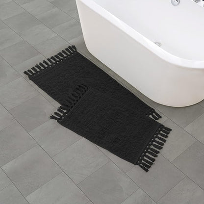 French Connection Nellore Bathroom Rugs, Set of 2 Woven and Beaded, Durable Bath Rugs, Thick Bath Mats for Bathroom and Shower Rugs, 20'' x 34'' and 17'' x 24'', Black
