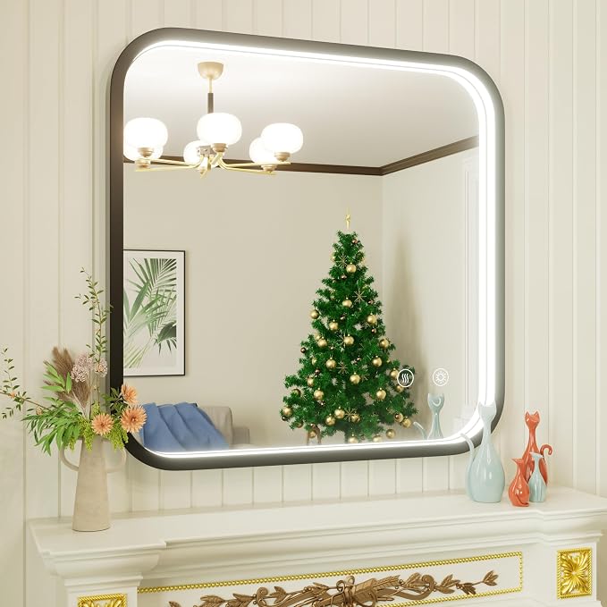 30"x30" Black LED Bathroom Mirror with Lights, 3000K/4500K/6000K | Anti-Fog, Stepless Dimmable, Memory Function, Wall Mounted Aluminum Frame Lighted Bathroom Vanity Mirror, ETL Listed
