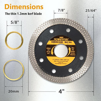 POWERTEC 14032 4 Inch Diamond Saw Blade for Handheld Tile Saw & Angle Grinder – 1pk Super Thin Turbo Mesh Rim Blade for Cutting Porcelain, Granite & Ceramic Tile, w/4pk Large Square Grout Sponge