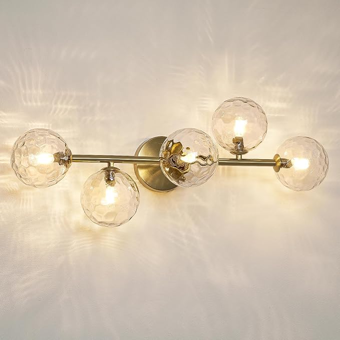 5 Lights Bathroom Vanity Light,Brushed Gold Globe Bathroom Light Fixtures | Hammered Clear Glass Wall Sconce Lighting,Mid Century Modern Brass Bubble Glass Bathroom Vanity Lights over Mirror,G9 Base