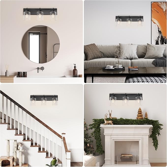 3-Light 21inch Black Vanity Light, Thickened Seeded Glass Shade | Over Mirror for Bathroom, Rust Resistant, E26 Base, Easy Install, Removable Glass Shade Horizontal Mount, Dimmable