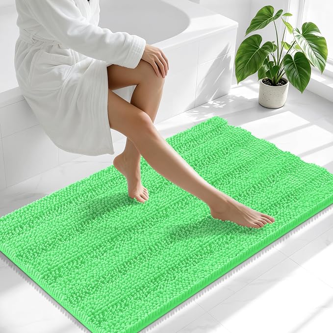 Smiry Thick Chenille Bathroom Runner Rugs 44x24, Soft Bath Mat, Mint Green | Quick‑Dry & Machine Washable, Non‑Slip Bath Carpet, Striped Bath Rugs for Tub & Shower, Modern Home Decor Accessories