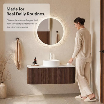 48 Inch Bathroom Vanity with Sink, Floating Wall Mounted Single Sink Vanity, Dark Walnut Curved Fluted Front, Stone Top, Pure White Round Vessel Basin, Pre-Assembled