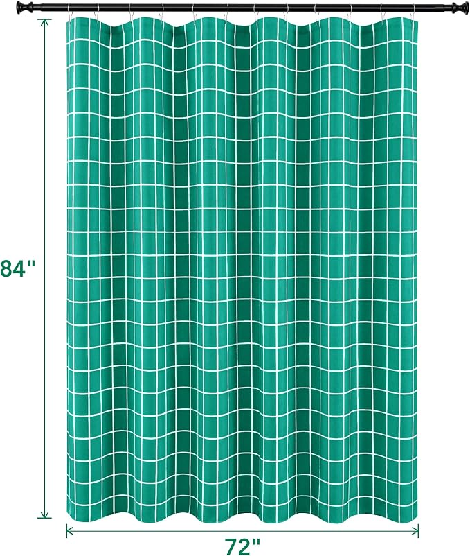 Fabric Farmhouse Shower Curtain-Extra Long Cloth Shower Curtains Bathroom | 72"Wx84"L Turquoise Faux Linen Grid Minimalist Simple Rustic Neutral Shower Curtain-Geometric Plaid Washable Hotel Quality