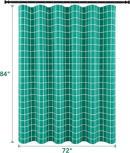 Fabric Farmhouse Shower Curtain-Extra Long Cloth Shower Curtains Bathroom | 72"Wx84"L Turquoise Faux Linen Grid Minimalist Simple Rustic Neutral Shower Curtain-Geometric Plaid Washable Hotel Quality