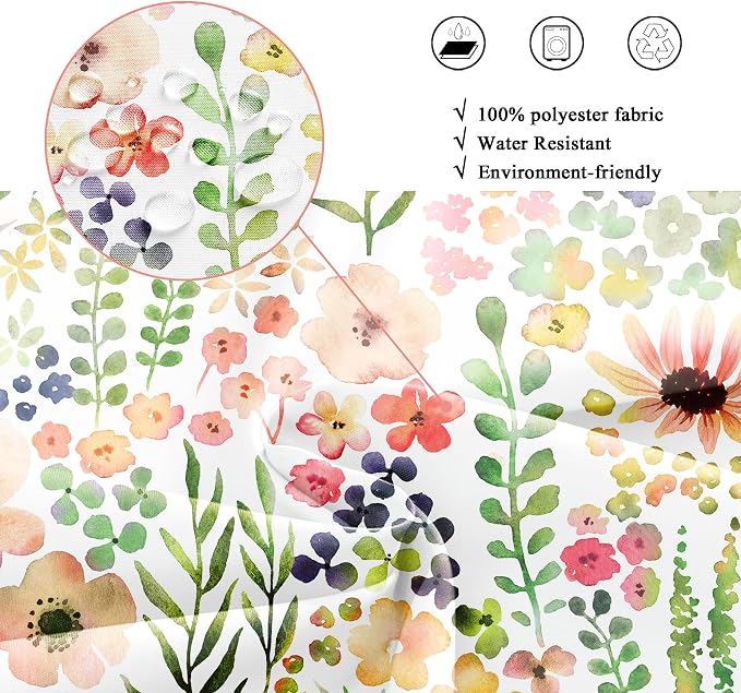 Small Stall Green Yellow Floral Narrow Colorful Bathroom Shower Curtain Set | 36"W x 72"H Flower Spring; waterproof HD print, quick-dry fabric with 12 hooks for easy hanging.