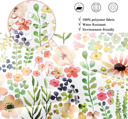 Small Stall Green Yellow Floral Narrow Colorful Bathroom Shower Curtain Set | 36"W x 72"H Flower Spring; waterproof HD print, quick-dry fabric with 12 hooks for easy hanging.
