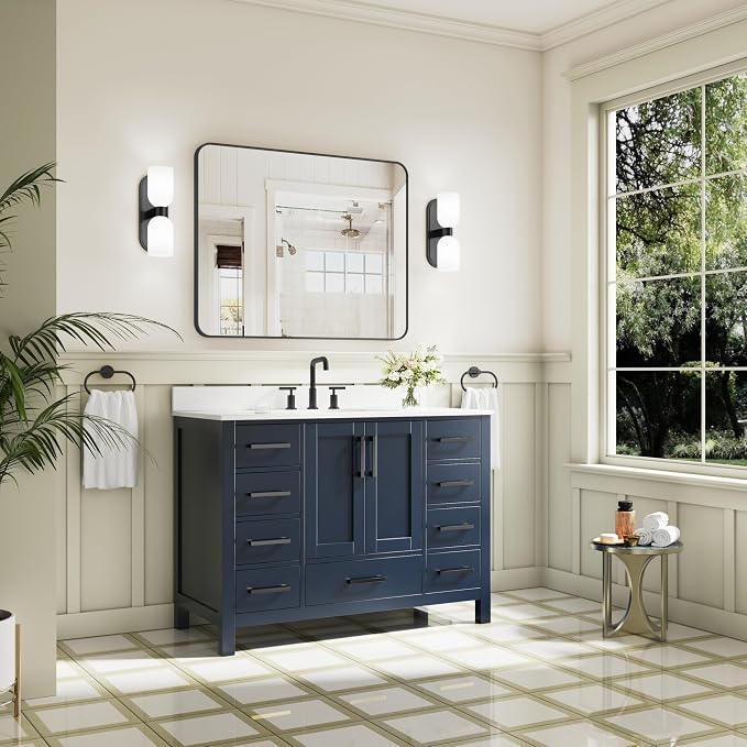 48-Inch Bathroom Vanity with Sink, 2 Soft-Close Doors and 9 Soft-Close Drawers, Bathroom Freestanding Vanity with Cultured Marble Countertop, Bathroom Navy Blue Vanity With Matte Black Handles