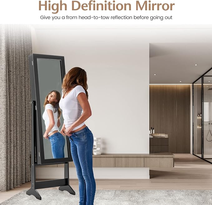 MAT EXPERT Jewelry Armoire Cabinet w/Full-Length Mirror, Jewelry Organizer Standing Mirror w/ 4 Shelves, 3 Adjustable Tilt Angles, Anti-toppling Device, Jewelry Cabinet for Bedroom, Living Room, Black