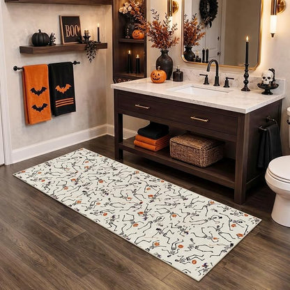 Tribesigns Halloween Runner Rug for Kitchen Non Slip 2x6 Washable Rugs with Rubber Backing, Ultra Thin Skeleton Carpet Runners for Hallways Beside Laundry Bathroom Decor, Beige/2x6
