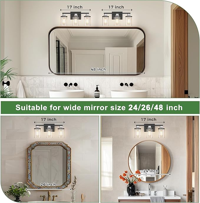 DORESshop 17 Inch Bathroom Light Fixtures, 3-Light Black and Chrome Bathroom Lighting Fixtures Over Mirror with Clear Glass Shade, Vanity Lights for Living Room Bedroom