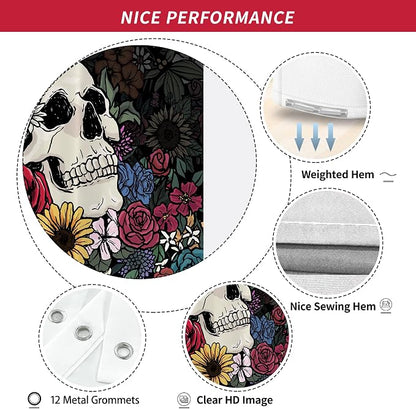 Halloween Gothic Hippie Skull Skeleton Shower Curtain for Bathroom 72W*72H Inch Scary Spooky Rustic Horror Vintage Floral Bathtub Hallowmas Decor Waterproof Polyester Fabric Set with 12 Hooks