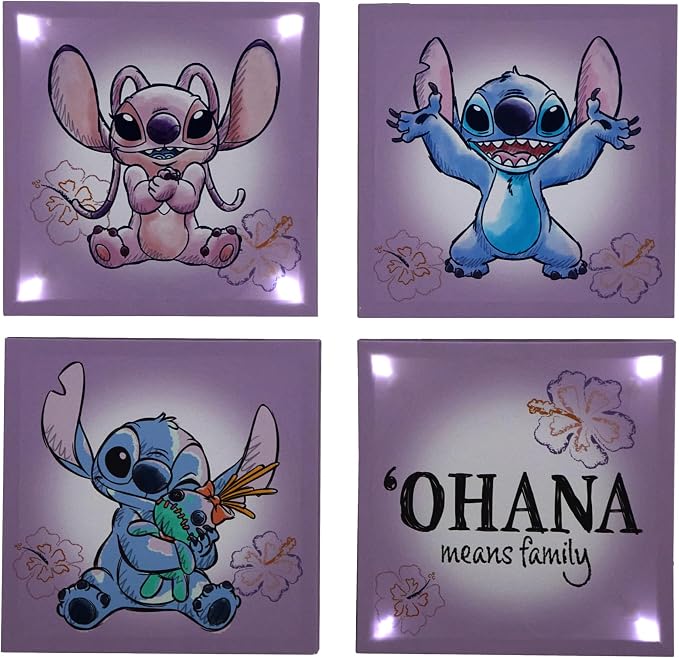 Disney Stitch 4-Pack Canvas LED Wall Art Set,Children’s Hanging Wall Décor for Bedroom & Playroom, Each Piece 11" x 11"