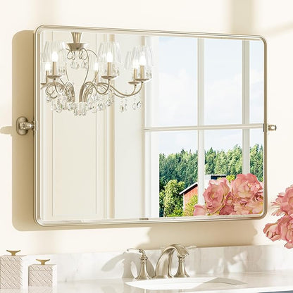 Keonjinn 40x30 Inch Brushed Nickel Povit Mirror for Bathroom, Tilt Mirror | Tenmpered Glass, Rectangle, Adjustable Bathroom Mirrors for Over Sink, Farmhouse, Metal Framed, Horizontal/Vertical