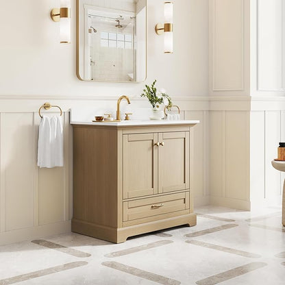 WELLFOR 36" Bathroom Vanity with Sink, Bathroom Freestanding Vanity W/ 2 Soft-Close Doors and 1 Soft-Close Drawers, Bathroom Cabinet Vanity with Cultured Marble Countertop (Oak)