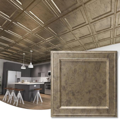WOWSTAR 12-Pack 24"x24" Drop Ceiling Tiles, Waterproof Glue up Ceiling Panels, Modern Style 3D Wall Panels, Antique Gold | PVC ceiling panels, 24"x24", waterproof, glue-up install, basement kitchen bathroom, 12-pack, set C