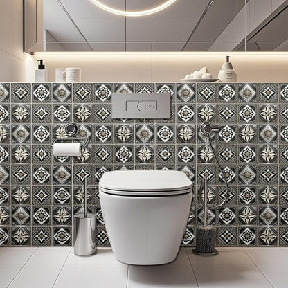 36pcs 4 Styles Retro Pattern Tile Stickers Black and Brown Geometric Patterns Waterproof PVC Tile Decals for Kitchen Bathroom 4x4 inch
