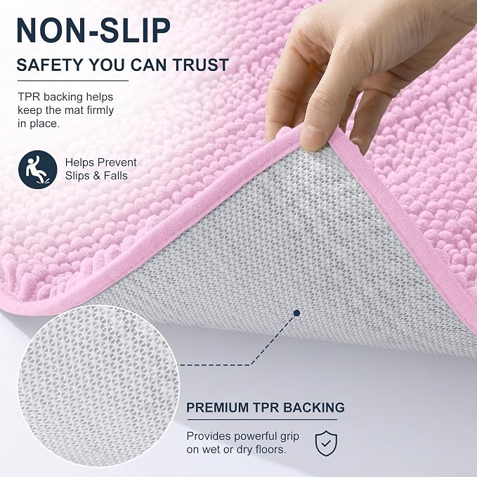 Smiry Thick Chenille Bathroom Rugs 30x20, Soft Absorbent Bath Mat, Pink | Quick‑Dry & Machine Washable, Non‑Slip Bath Carpet, Striped Bath Rugs for Tub & Shower, Modern Home Decor Accessories