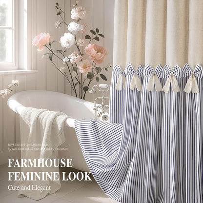Farmhouse Shower Curtain Linen Bow Pleated Blue Stripe 72"W x 72"L | Farmhouse Style, Chic Bow, Striped, Linen Fabric, Rustic, Country, Natural Look, Washable, for Bathroom Bathtub