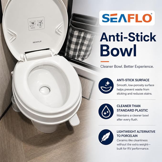 SEAFLO RV Toilet – 18.4" Residential Height, Gravity Flush Foot Pedal, 4-Year Warranty, Fits Most RVs (9.5" Rough-In), Soft Close Seat, 2-Bolt Mount, for Camper Travel Trailer Motorhome SFRTPH-01-01