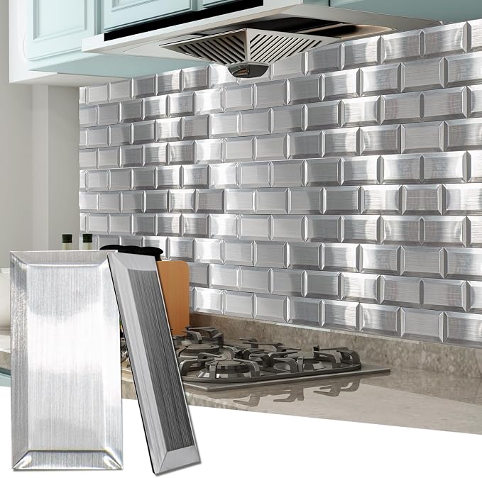 Art3d Peel and Stick Backsplash, Stainless 3D Texture, 3 × 6 in, 100-Pack | Stainless Steel, Self Adhesive, Stainproof, Brushed Finish, Heat-Resistant, Ideal for Kitchen, Stove Zones