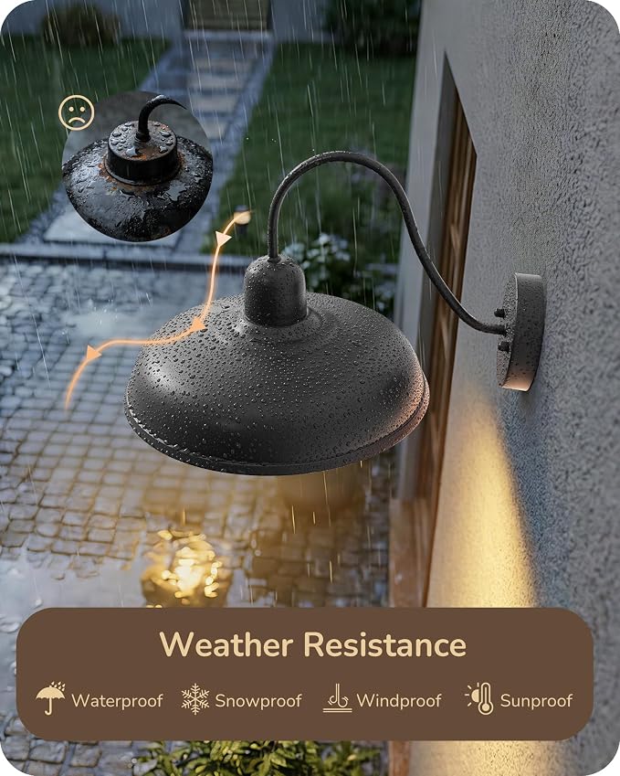 EDISHINE 2 Pack Outdoor Wall Light, 12" Farmhouse Gooseneck Barn Light | Black Matte, Hardwired, E26 Base, Weatherproof Wall Mount Lantern for Porch, Entryway, Garage, Garden, Patio