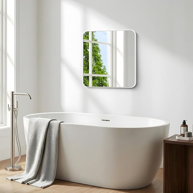 BONEWEI White Bathroom Mirror,24x24 inch Wall Mirror for Bathroom Wall Mounted,Rectangle Mirror for Bathroom Over Sink,Modern Frame Round Corner for Living Room,Bedroom Entryway,Horizontal/Vertical