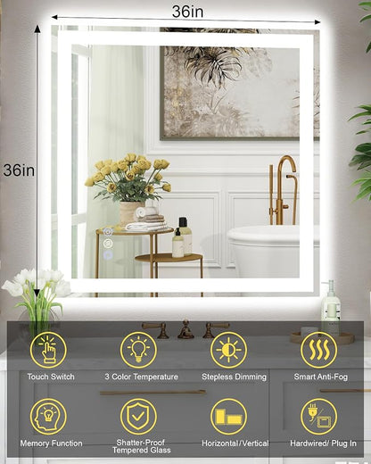 36x36 LED Bathroom Mirror, 6000LM, Separate Front and Back Lights | UL Certified,Shatter-Resistant Tempered Glass,Auto-Off Defogger,3 Color Modes,Smooth Dimming,Smart Memory Setting