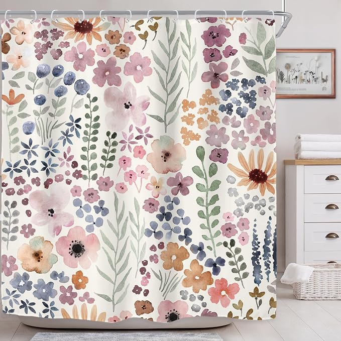 Cute Floral Flower Watercolor Spring Botanical Bathroom Shower Curtain Set | 72"W x 72"H Rustic Plant; waterproof HD print, quick-dry fabric with 12 hooks for easy hanging.