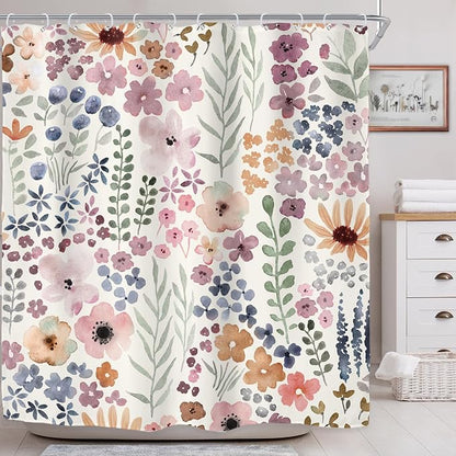 Cute Floral Flower Watercolor Spring Botanical Bathroom Shower Curtain Set | 72"W x 72"H Rustic Plant; waterproof HD print, quick-dry fabric with 12 hooks for easy hanging.