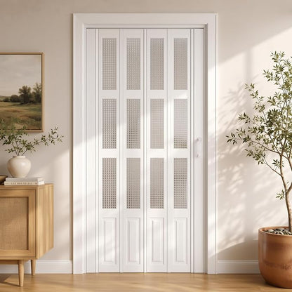 SMARTSTANDARD 36"x 80" Accordion Door with Grid Frosted Acrylic Glass,White | Double Walled PVC Folding Accordion Closet Door for Bedroom Bathroom, Save Space, Full-Side Magnetic Strip, Easy to Install