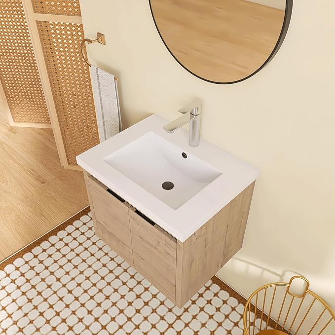 24 Inch Bathroom Vanity with Sink, Modern Floating Single Sink Bathroom Vanities Set, Wall-Mounted Bathroom Vanity, Soft Close Door (Oak, 18 * 24)