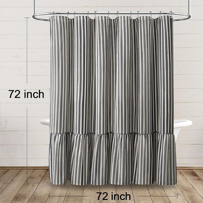 Farmhouse Shower Curtain Ruffle Linen White-Black Stripe 72"W x 72"L | Farmhouse Boho, Striped, Bottom Ruffle, Cotton Fabric, Rustic, Country, Natural Look, Washable, for Bathroom Bathtub