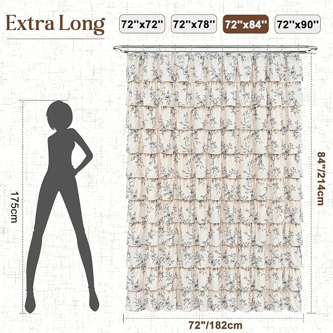 Yinhua Extra Long Farmhouse Ruffle Shower Curtains for Bathroom, 72" Wx84 L | Black Floral Print, Ruflle Design, 12 Metal Hooks, Vintage Rustic Washable Waterproof Shower Curtain for Bathroom Bathtub