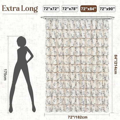 Yinhua Extra Long Farmhouse Ruffle Shower Curtains for Bathroom, 72" Wx84 L | Black Floral Print, Ruflle Design, 12 Metal Hooks, Vintage Rustic Washable Waterproof Shower Curtain for Bathroom Bathtub