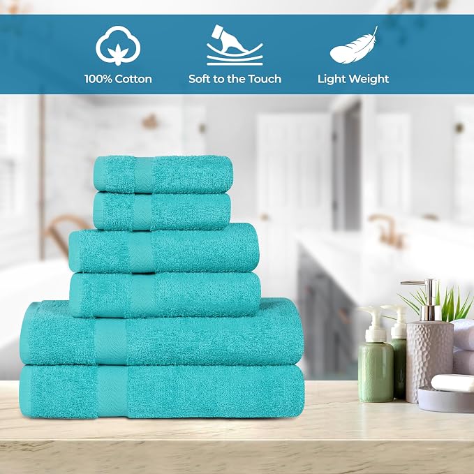 Superior 18-Piece Cotton Assorted Towel Set, Includes 8 Face Towel, 6 Hand, and 4 Bath Towels, Home, Bathroom, Guest Bath Essentials, Quick Dry, Absorbent, Franklin Collection - Turquoise