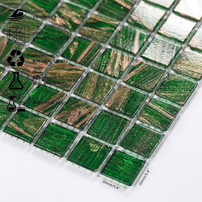 11.5 sq.ft Green Glass Mosaic Tile for Bathroom, Pool, Kitchen Backsplash | Waterproof Wall & Floor Tile. Heat & frost resistant outdoors. Mesh-mounted easy install. Use any grout. Easy clean. 10pcs.