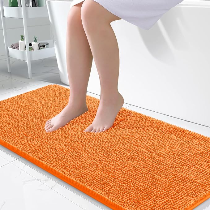OLANLY Bathroom Runner Rugs 45x27, Extra Soft Absorbent Chenille Bath Rugs | Orange, Quick-Drying Rubber Backing, Washable Long Bath Mat for Bathroom Floor, Tub and Shower, Home Decor Accessories