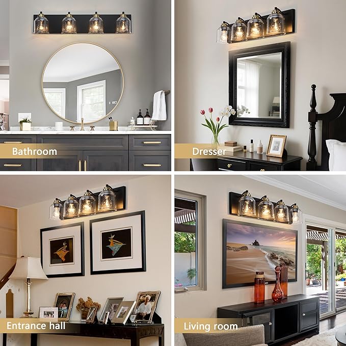 31.5" Large Farmhouse Bathroom Vanity Light,4-Light Black and Gold Metal Vanity Light with Bubble Glass Shades,Rustic Wall Sconce Lighting Fixtures Over Mirror for Barhroom,Kitchen. BD005-4-BG