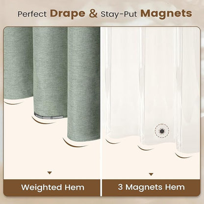 BTTN 3 in 1 Shower Curtain Set - 96 Inch Extra Long Linen Textured Cloth Shower Curtain Liner with Plastic Hooks and 3 Magnets, Tall Modern Waterproof Shower Curtain for Bathroom, Sage Green, 72x96