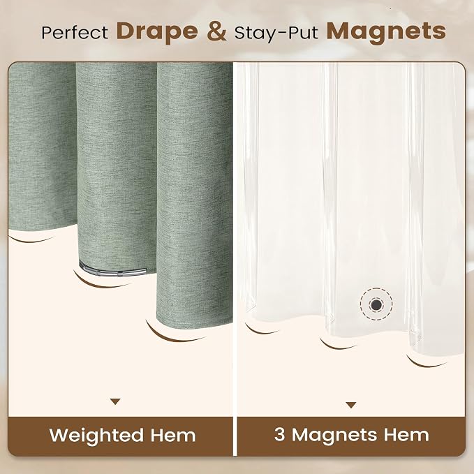 BTTN 72x78 Long 3 in 1 Linen Texture Shower Curtain with Liner, Sage Green | Tall Size, 230GSM Heavy Duty Polyester, Waterproof Clear Liner, Weighted Hem, 12 Plastic Hooks, Hotel Style, Machine Washable