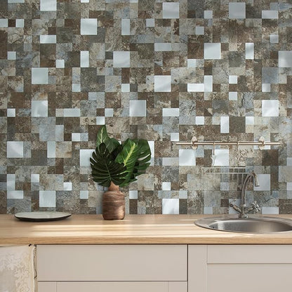 DICOFUN 12" x 12" Square Mosaic Peel and Stick Tile Backsplash, Mixed Metal Silver Stick on Wall Kitchen and Bathroom Tiles, Stick on Backsplash for Stove (10, Beige & Brown Slate)