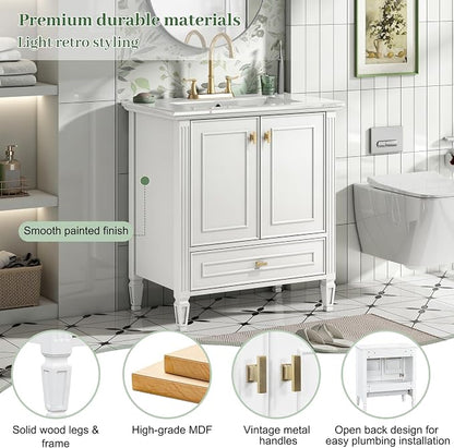 Merax 30 Inch Bathroom Vanities with Undermount Sink, Vanity Cabinet with Door Rack Shelf, Multi-Functional Drawer with Dividers, Soft Closing Doors, White