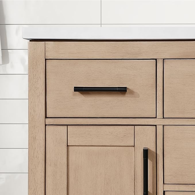 OVE Decors Bailey 42 in. Single Sink Freestanding Sahara Birch Bathroom Vanity with White Quartz Top, Matching Backsplash and Power Bar