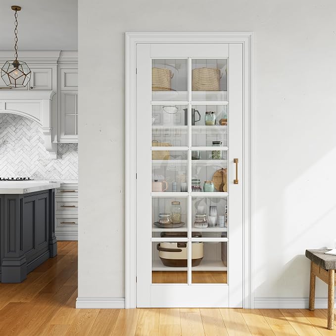 SMARTSTANDARD 32" x 80" Clear Glass French Interior Solid Core Door Slab | 10-Lite Glass Pantry Door for Bathroom Laundry Pocket, Pre-Assembled Panel without Hardware, White Primed