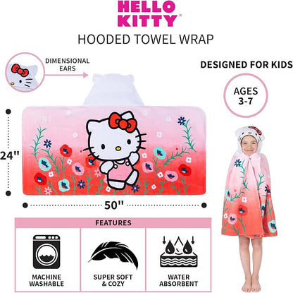 Hello Kitty Bath/Pool/Beach Soft Cotton Terry Hooded Towel Wrap, 24 in x 50 in, By Franco Kids