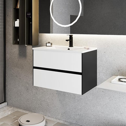 eclife 30" Bathroom Vanity Cabinet with Undermount White Sink Combo, Wall Mounted Floating Bathroom Cabinet with Colors Mixed Style, 2 Big Drawers & Matte Black Faucet