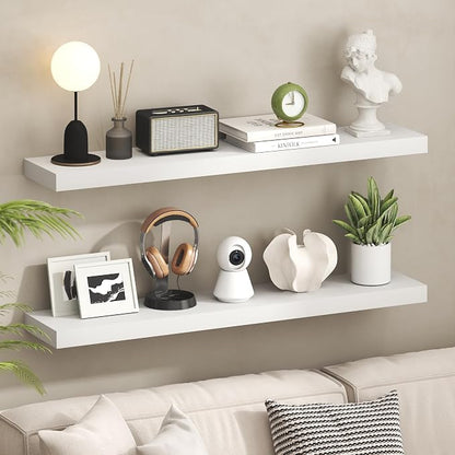 Furinno Tanna Floating Shelves for Wall Set of 2, 9 x 47 Wall Shelf, Wall Mounted Floating Shelf with Invisible Bracket, 2-Inch Thick, for Bathroom, Living Room, Bedroom, Home Office, White