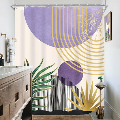 Mid Century Purple Green Boho Abstract Modern Bathroom Shower Curtain Set | 60Wx72L Gold design, waterproof HD print with fast-drying fabric and 12 hooks.