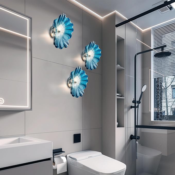 Blue Glass Wall Light Dia 12" Wall Lamp with Murano Glass Shade Vintage Vanity Lighting Fixture with Metal Base Flush Mount Wall Sconce 2-Light for Bathroom, Bedroom, Bedside, Entryway